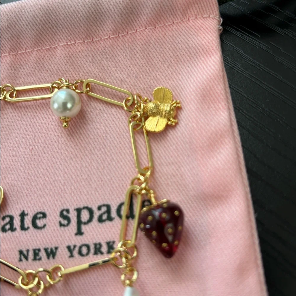 NWOT Kate  spade Gold Charm Bracelet with Burgundy Strawberry & Pearl Accents - Picture 3 of 6